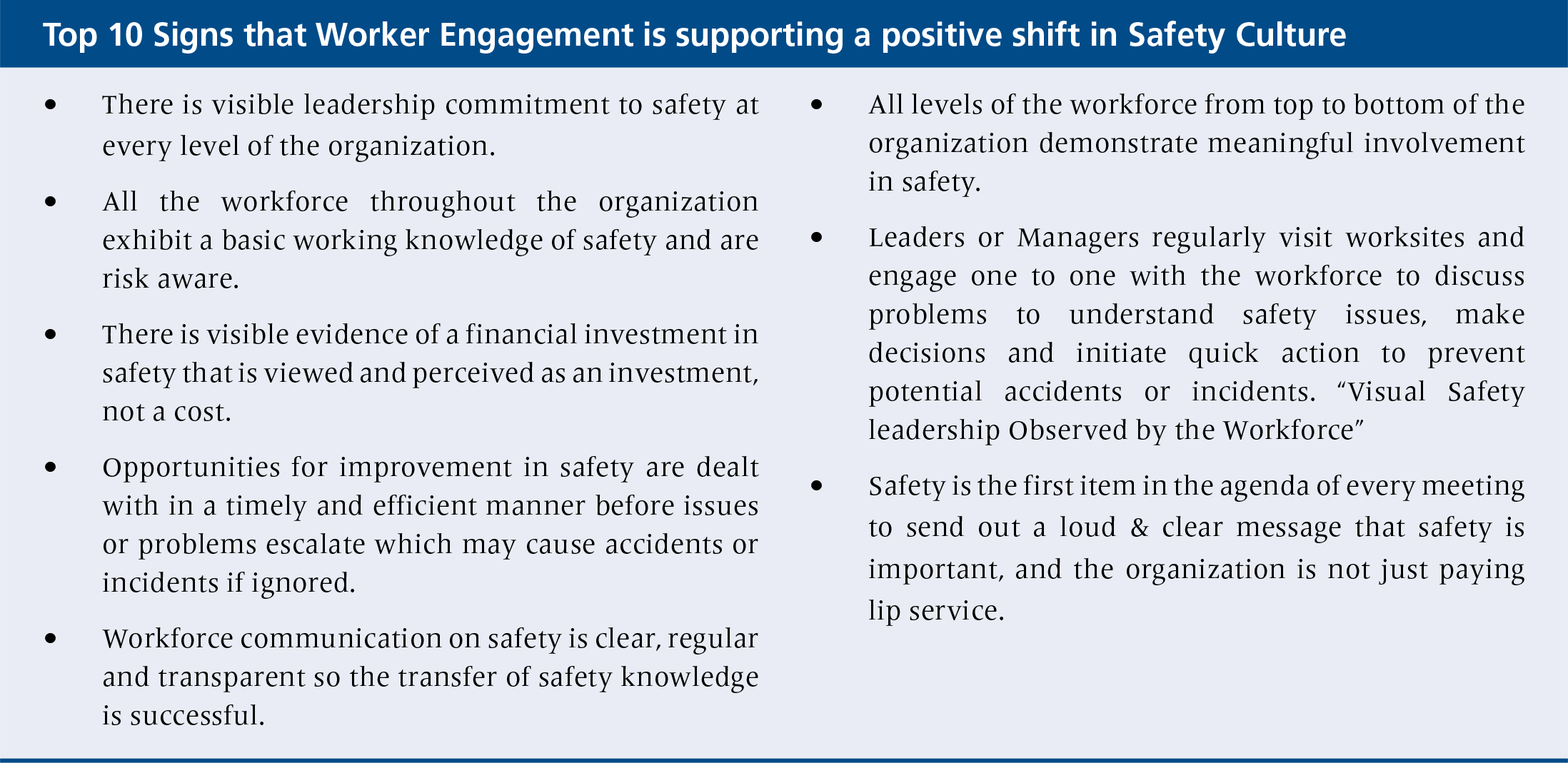 Top 10 Signs that Worker Engagement is supporting a positive shift in Safety Culture